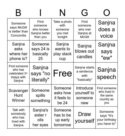 Sanjna Bingo Card