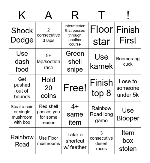 Mariokart Bingo Card