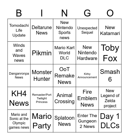 Direct Nintendo Bingo Card