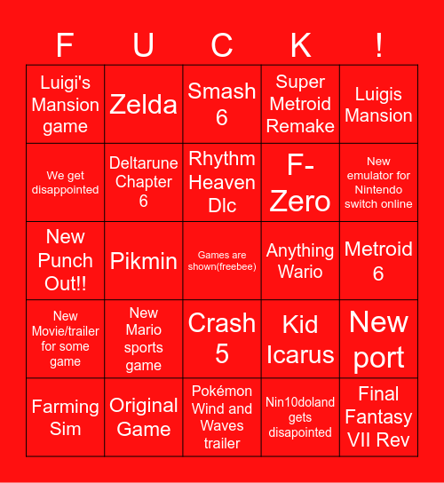 Nintendo Direct Bingo Card