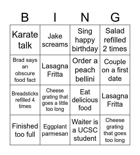Olive Garden bingo Card