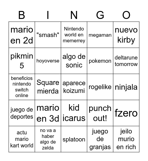 nintendo direct 08/09/2026 Bingo Card