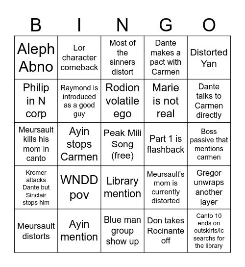 Canto 10 Bingo Card