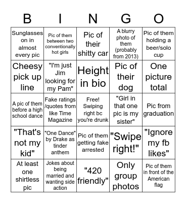 20 Something White Boy Tinder Profiles Bingo Card