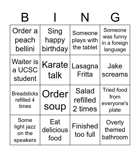 Olive Garden bingo Card
