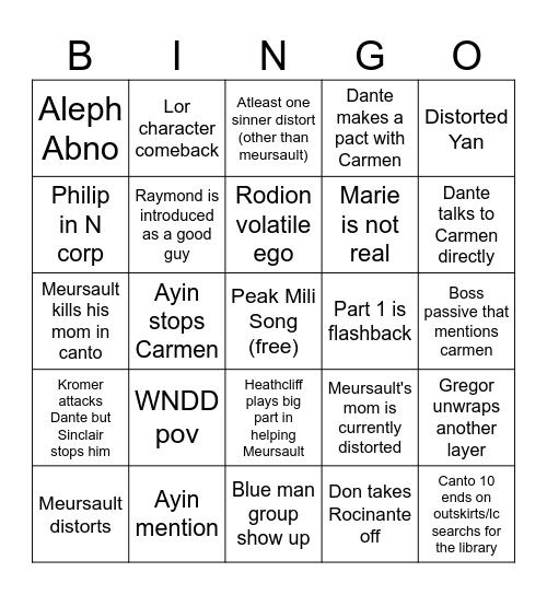 Canto 10 Bingo Card