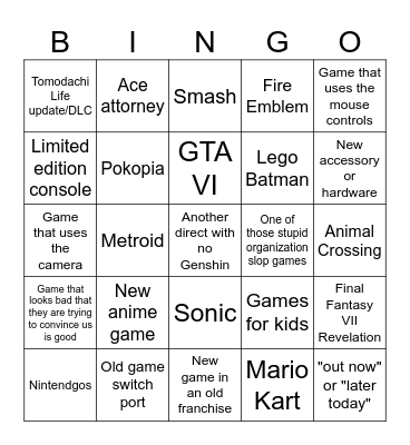 NINTENDO DIRECT Bingo Card
