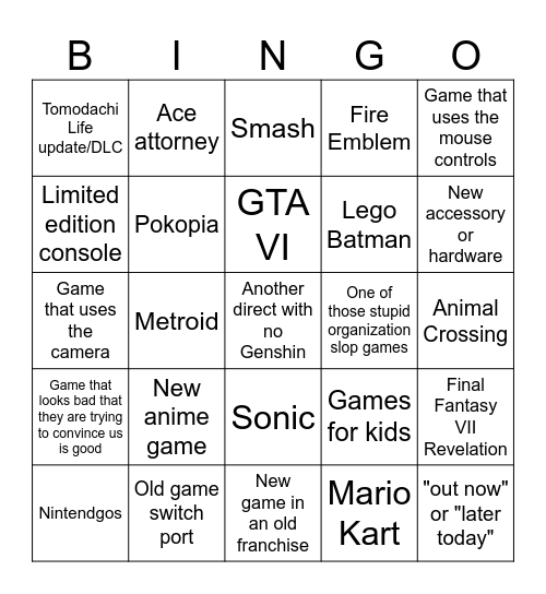 NINTENDO DIRECT Bingo Card