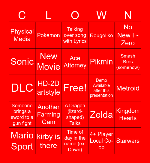 Nintendo direct bingo sep 2026 Bingo Card