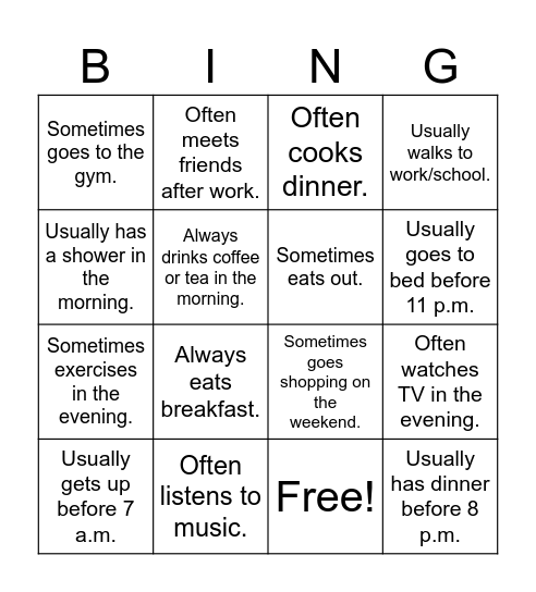 Daily Activities Bingo Card