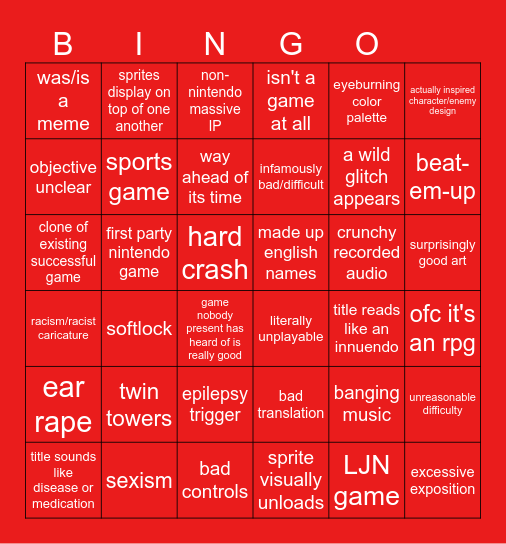 NES Roulette Bingo Card