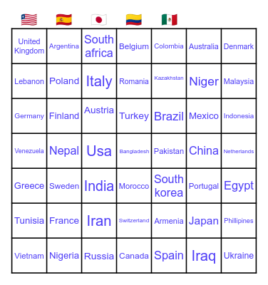 Countries Bingo Card
