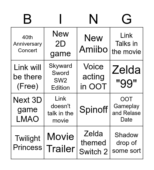 Zelda 40th Anniversary Direct Bingo Card