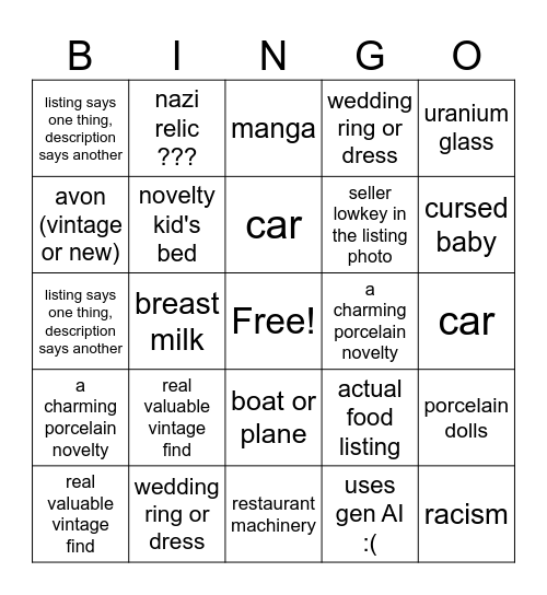 Facebook Marketplace Bingo Card