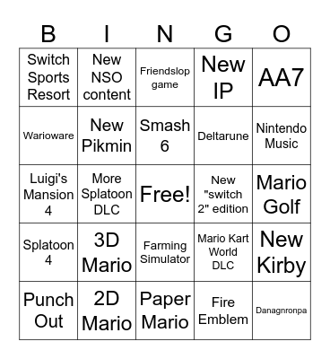 Nintendo Direct Bingo Card