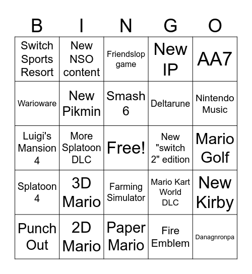 Nintendo Direct Bingo Card