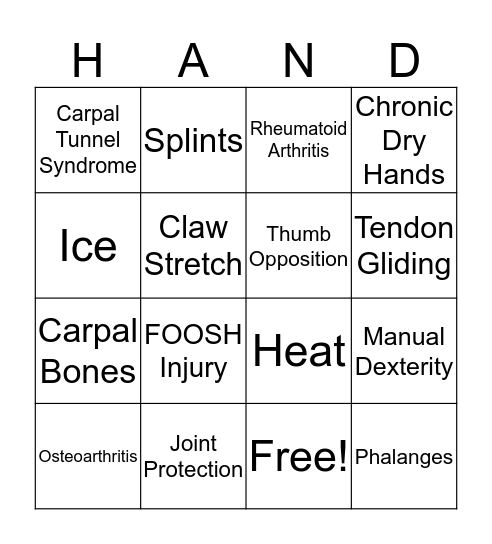Healthy Hands Bingo Card