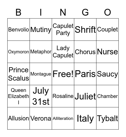 Romeo and Juliet Act 1 Bingo Card