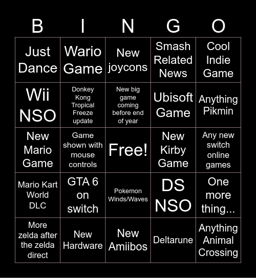 Nick's Nintendo Direct Card Bingo Card