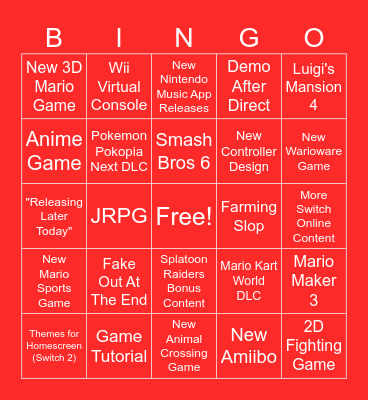 Nintendo Direct 9.9.2026 Bingo Card
