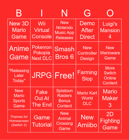 Nintendo Direct 9.9.2026 Bingo Card