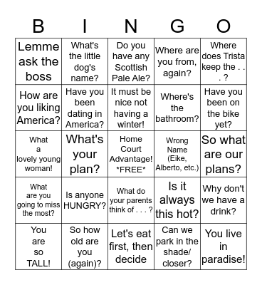 Family Reunion Bingo Card