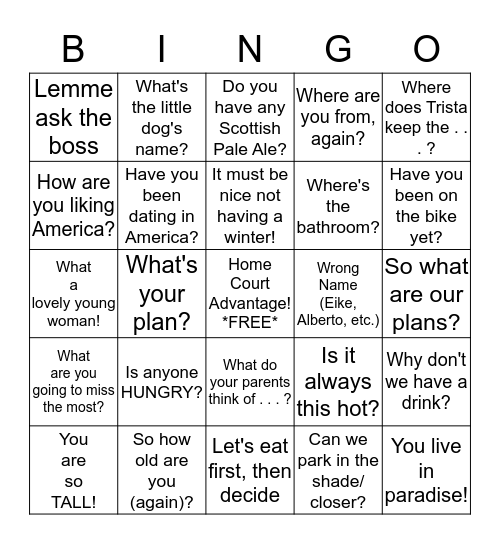 Family Reunion Bingo Card