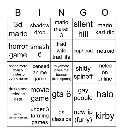 Nintendo direct Bingo Card