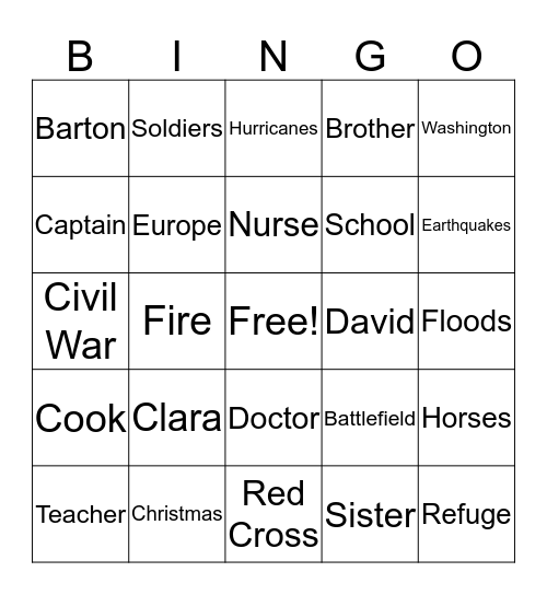 Clara Barton Bingo Card