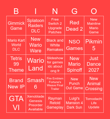09/09/2026 Nintendo Direct Bingo Card