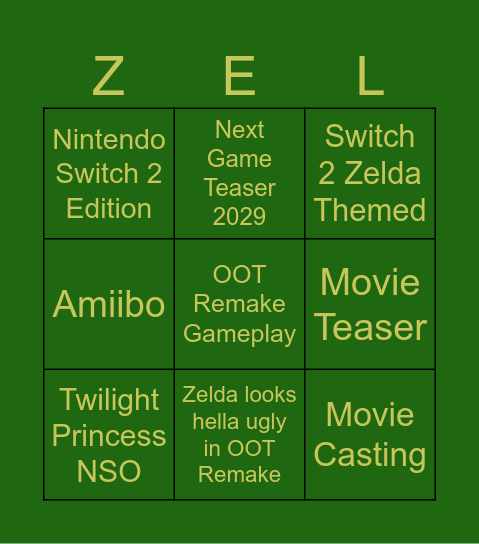 09/08/2026 The Legend of Zelda - 40th Anniversary Nintendo Direct Bingo Card
