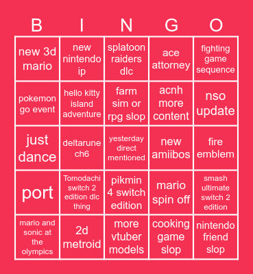 Nintendo Direct 9/9 Bingo Card