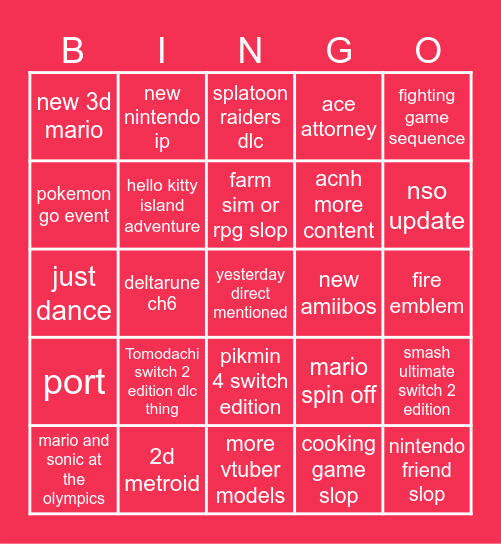 Nintendo Direct 9/9 Bingo Card