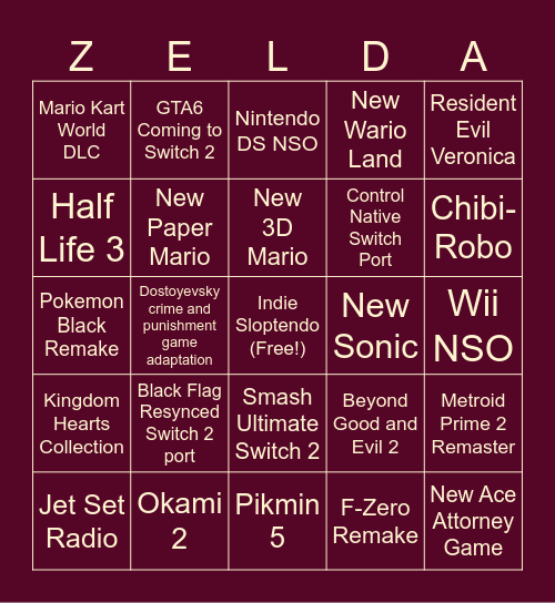 Nintendo Direct Bingo Card