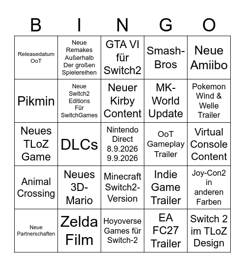 Nintendo Directs 8.9. + 9.9. Bingo Card
