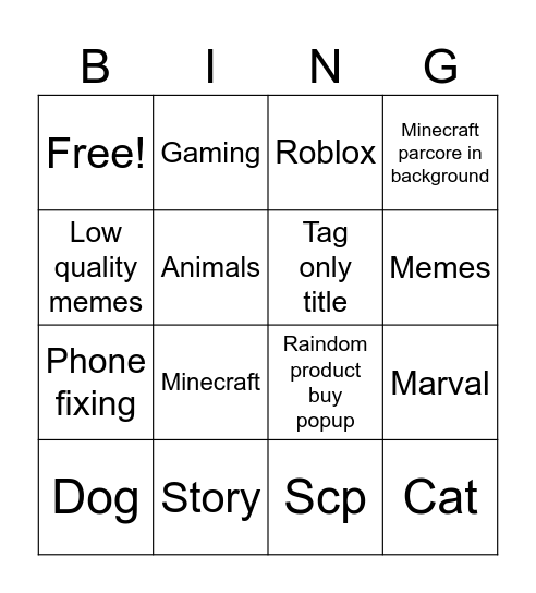 Yt shorts Bingo Card