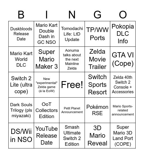 Zelda + General Direct 8/9+9/9 Bingo Card