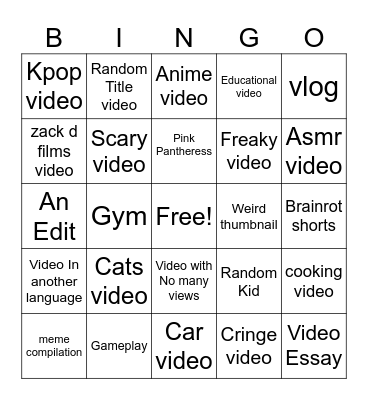 Random Yt bingo Card