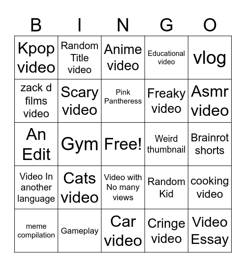 Random Yt bingo Card