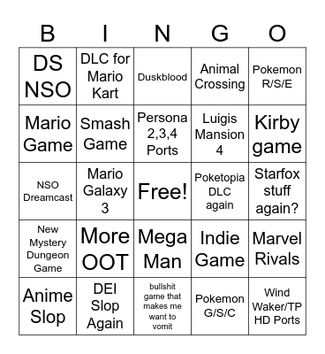 Nintendo Direct Bingus Bingo Card