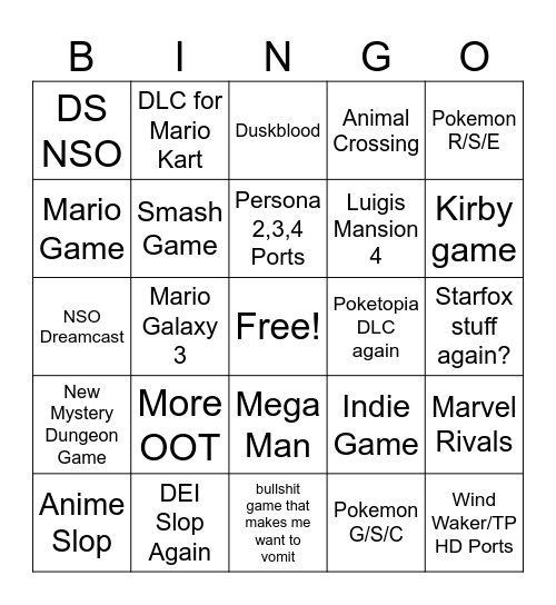 Nintendo Direct Bingus Bingo Card