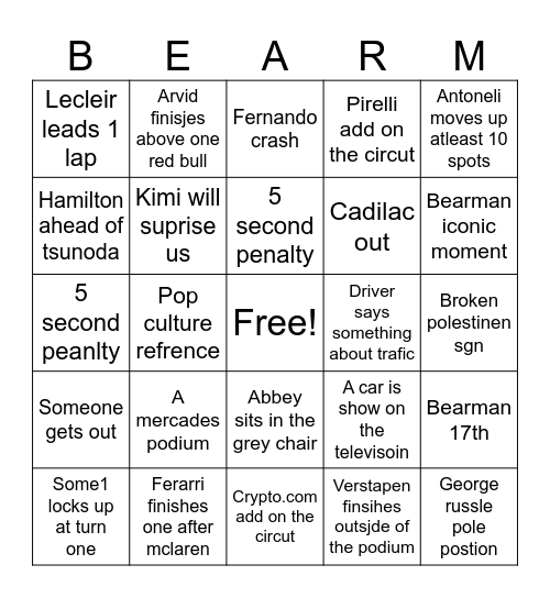 F1 prediction bingo Card