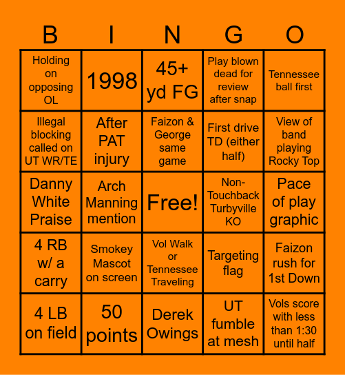 '26 Volunteer Football Bingo Card