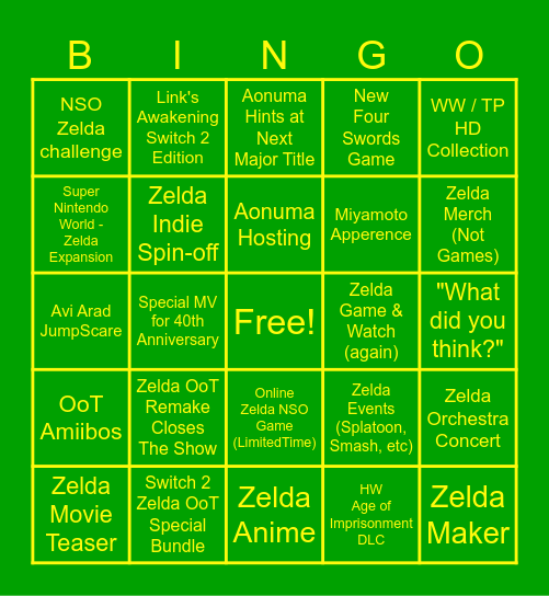 Zelda 40th Anniversary Direct 8/9 Bingo Card