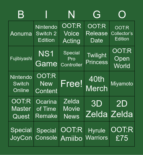 Zelda 40th Anniversary Bingo Card