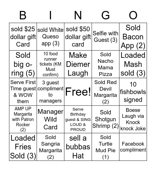 Butlers Bubba Bingo Card