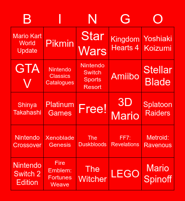 Nintendo Direct 09/09/2026 Predictions Bingo Card