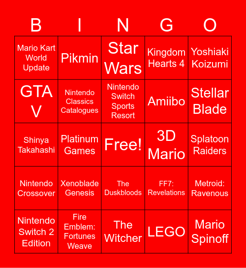 Nintendo Direct 09/09/2026 Predictions Bingo Card