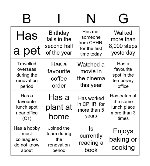 TEAM BINGO Card