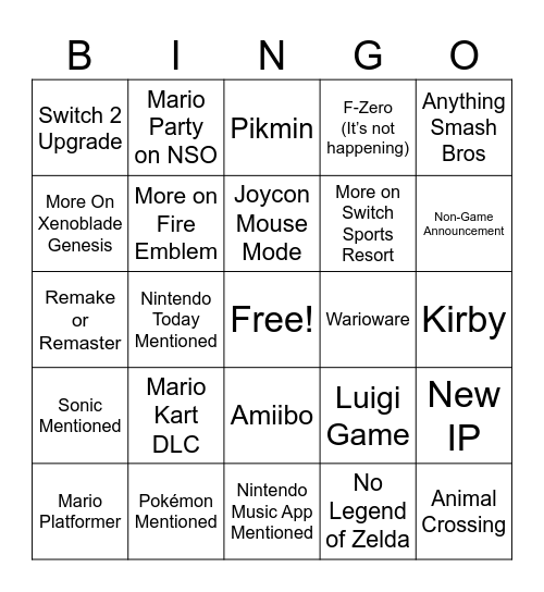Nintendo Direct Sep 2026 Bingo Card